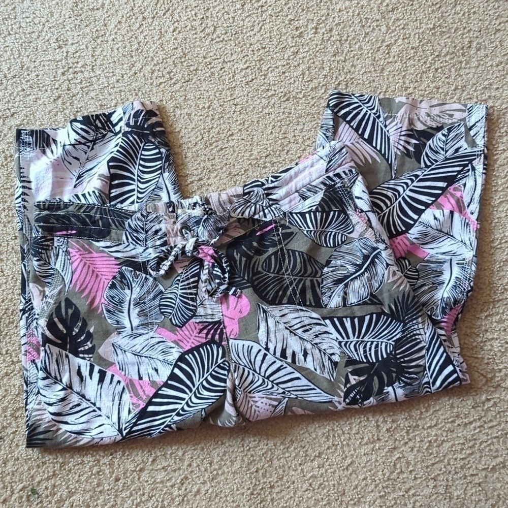 Per Se Linen Blend Tropical Stretch Waist Capri Pants Size Medium